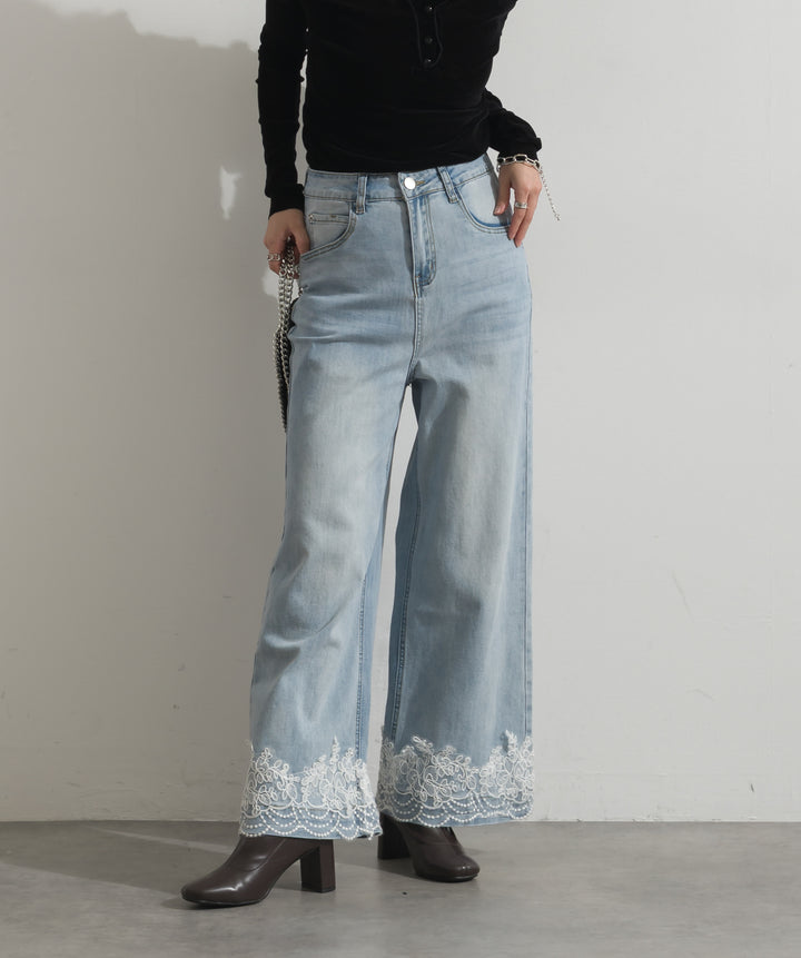レースヘムワイドデニムパンツ