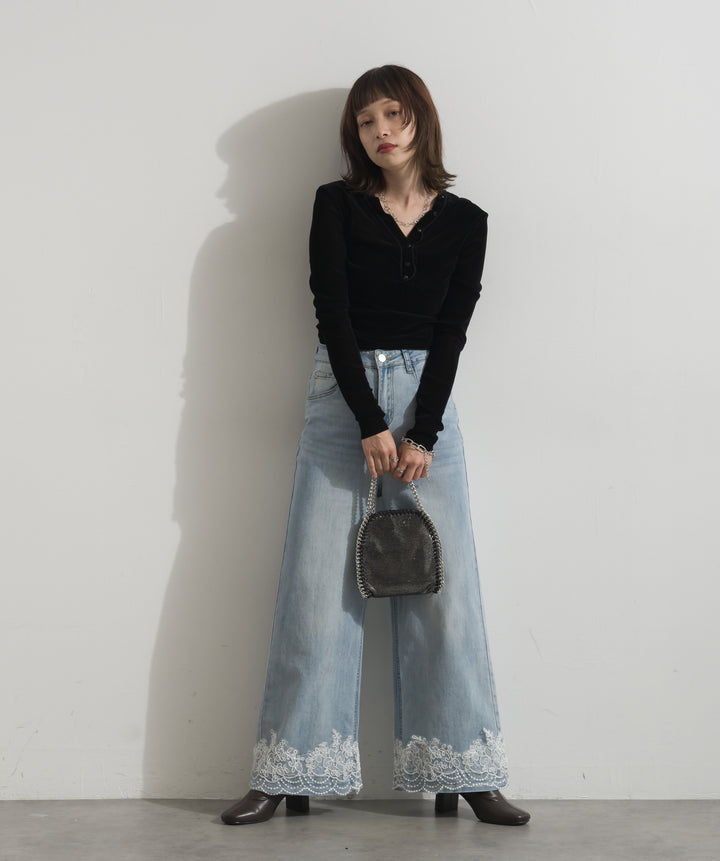 レースヘムワイドデニムパンツ