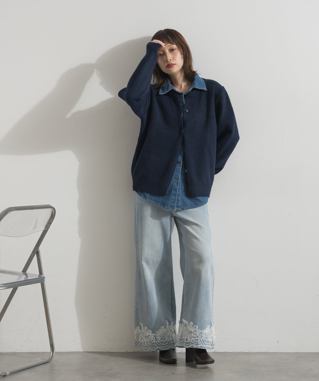 レースヘムワイドデニムパンツ