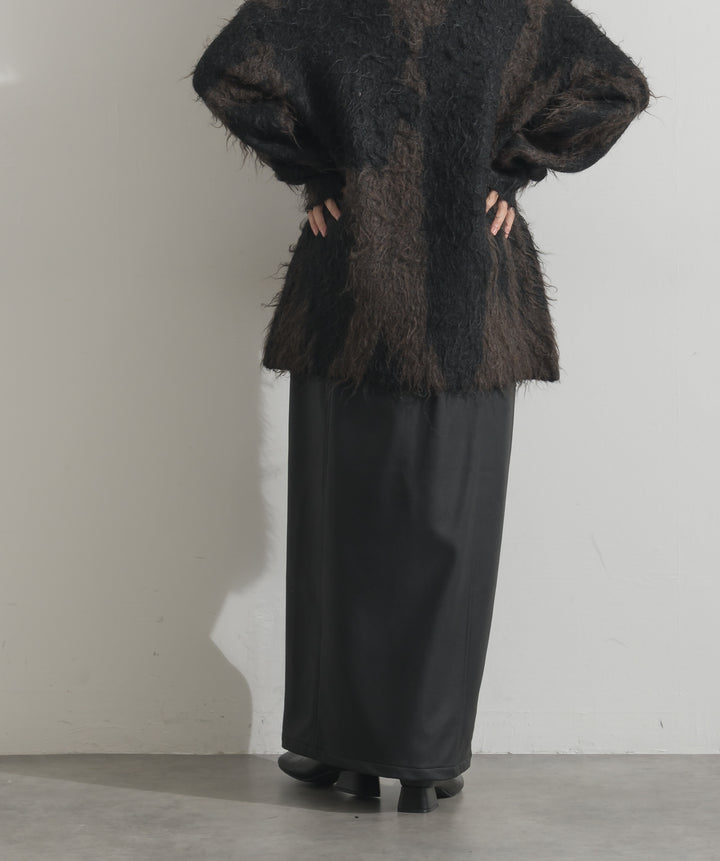 【SET】ニュアンス柄シャギーニットプルオーバー+フェイクレザーフラップポケットスカート(2set)