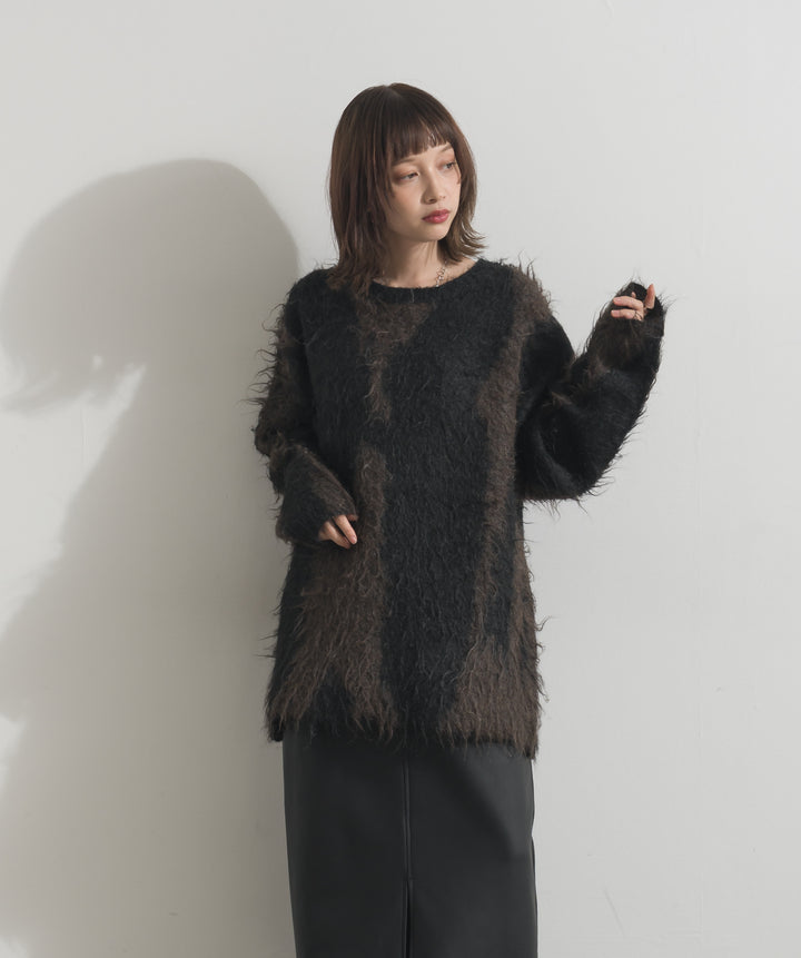 【SET】ニュアンス柄シャギーニットプルオーバー+フェイクレザーフラップポケットスカート(2set)