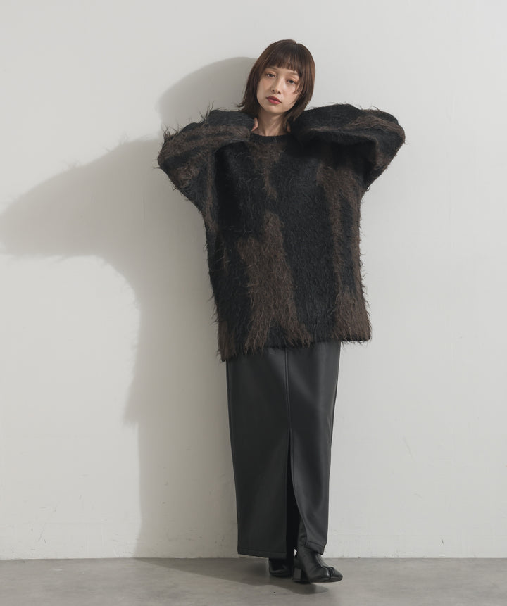 【SET】ニュアンス柄シャギーニットプルオーバー+フェイクレザーフラップポケットスカート(2set)