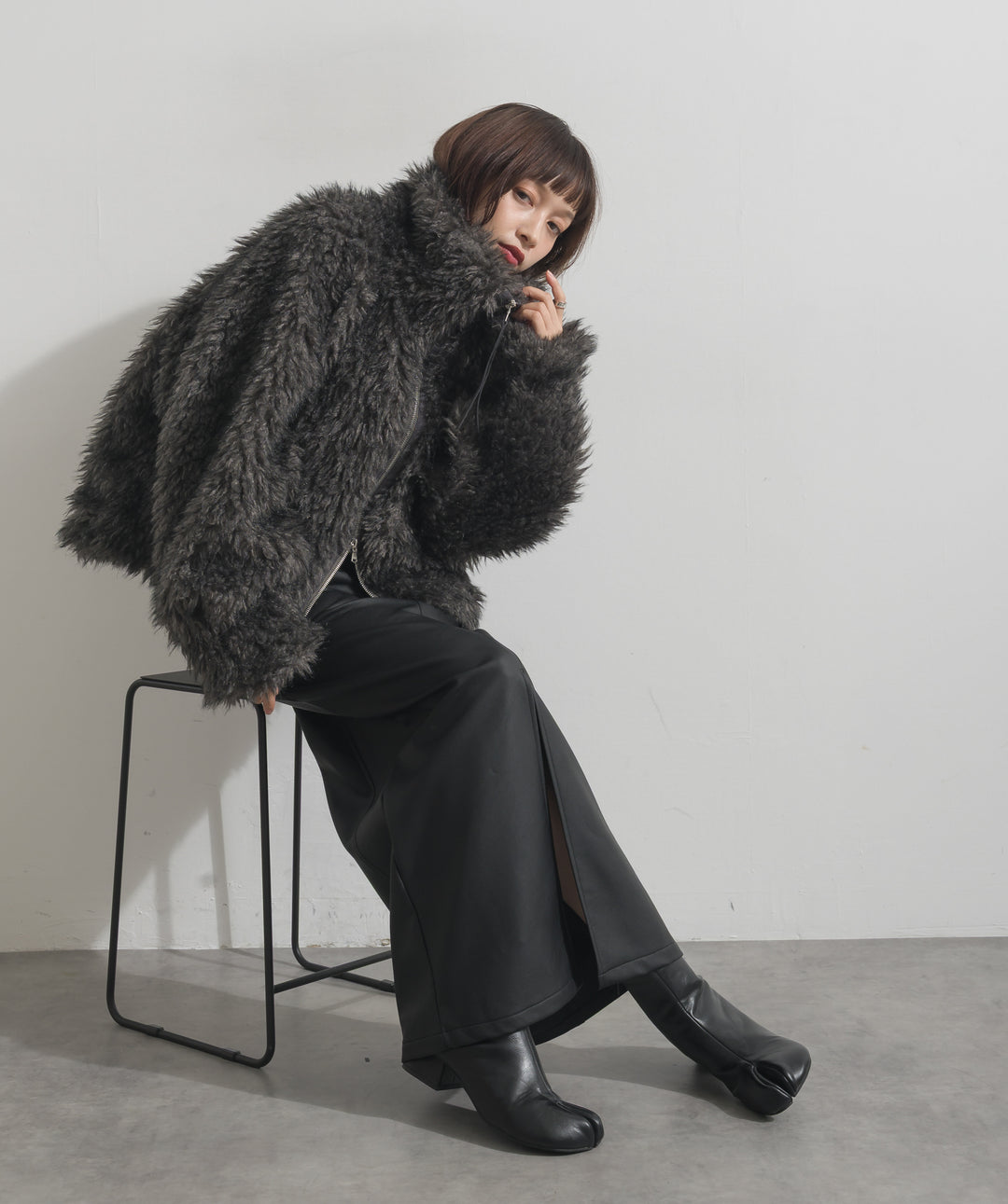 【SET】ミックスシープファースタンドWジップブルゾン+フェイクレザーフラップポケットスカート(2set)