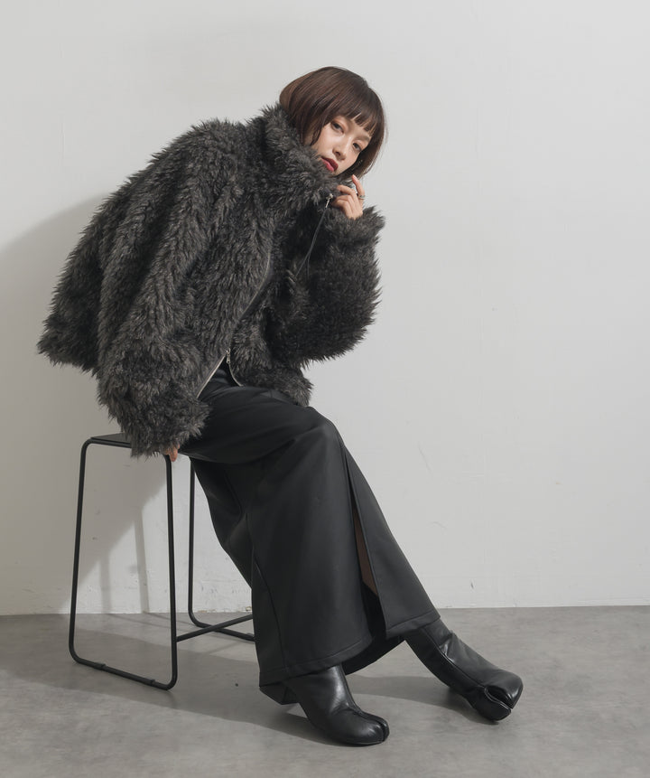 【SET】ミックスシープファースタンドWジップブルゾン+フェイクレザーフラップポケットスカート(2set)