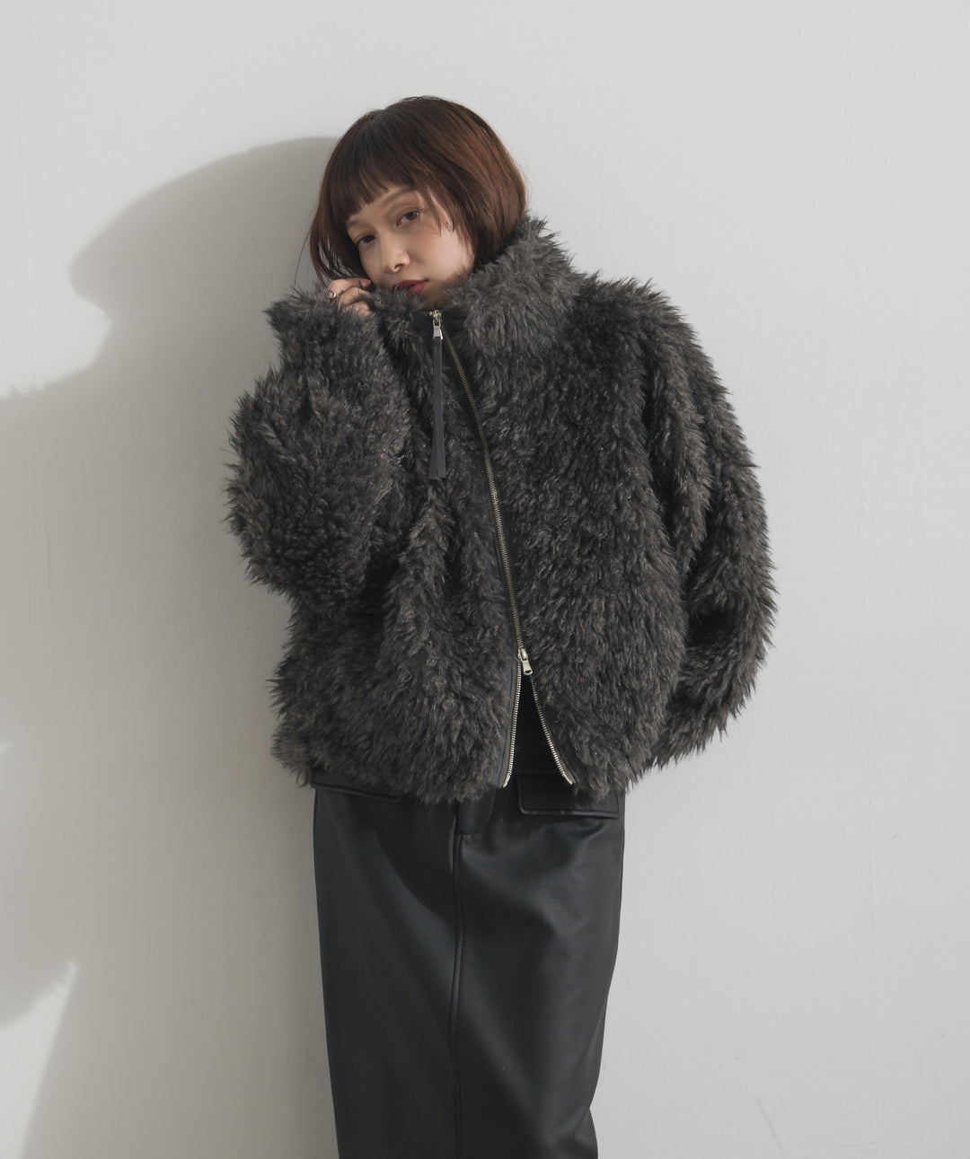【SET】ミックスシープファースタンドWジップブルゾン+フェイクレザーフラップポケットスカート(2set)