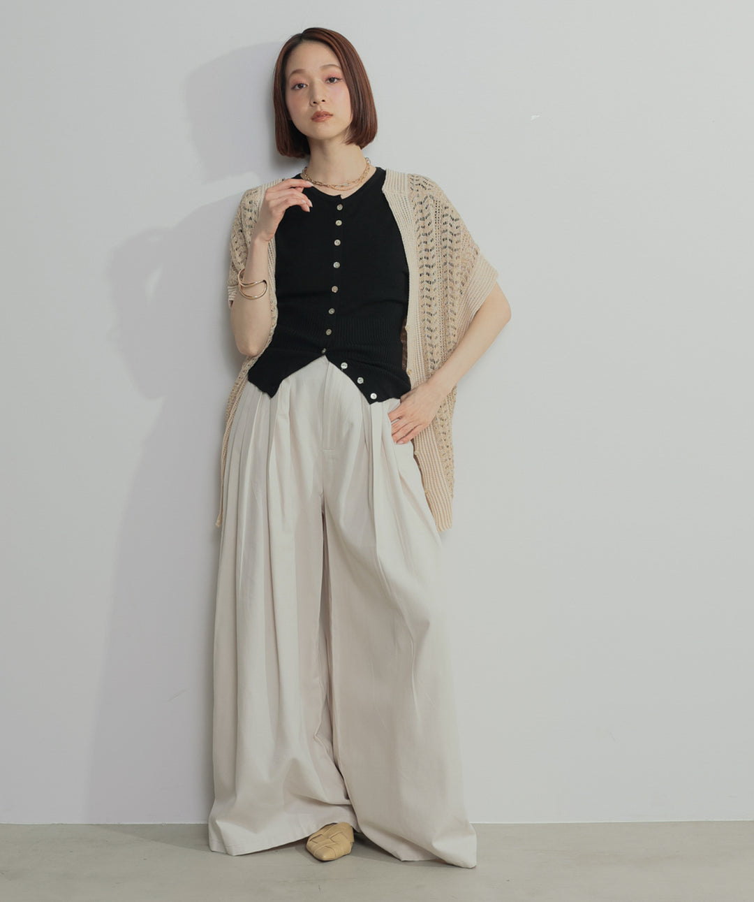 【SET】ラメニットメッシュベスト+ウエストリブニットカーディガン+タックワイドパンツ(3set)
