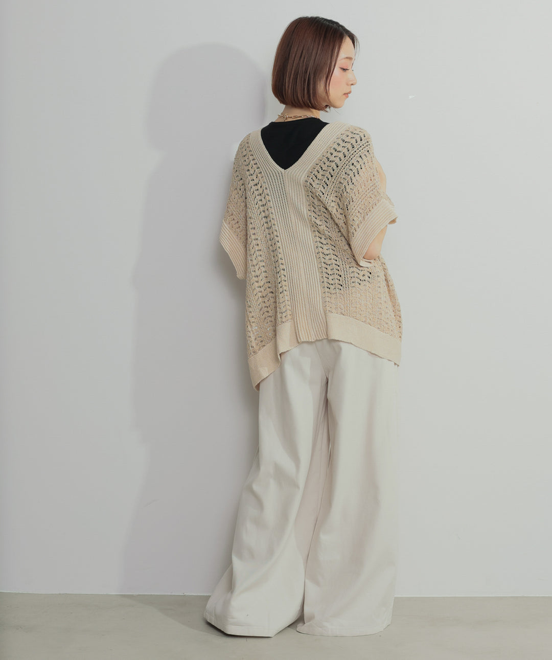 【SET】ラメニットメッシュベスト+ウエストリブニットカーディガン+タックワイドパンツ(3set)