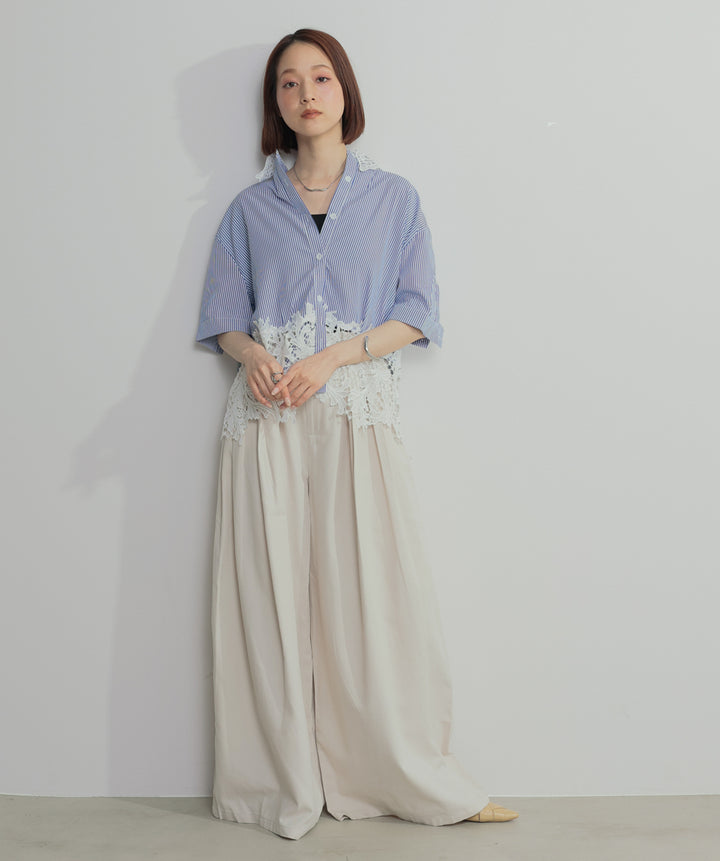【SET】レースドッキングストライプシャツ+タックワイドパンツ(2set)