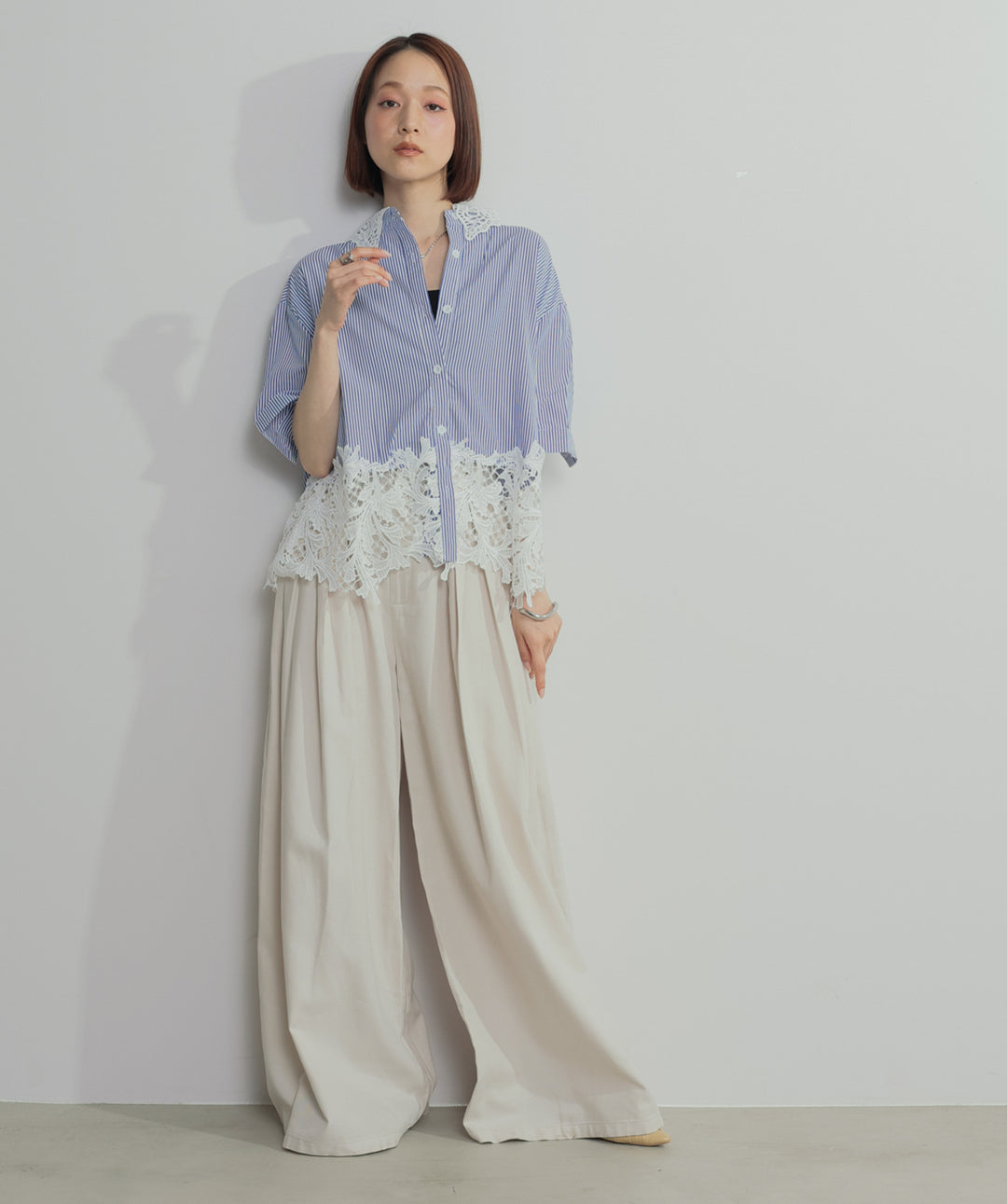 【SET】レースドッキングストライプシャツ+タックワイドパンツ(2set)