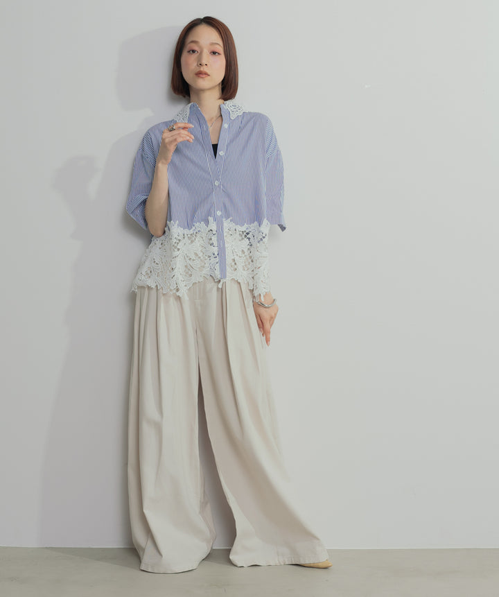 【SET】レースドッキングストライプシャツ+タックワイドパンツ(2set)