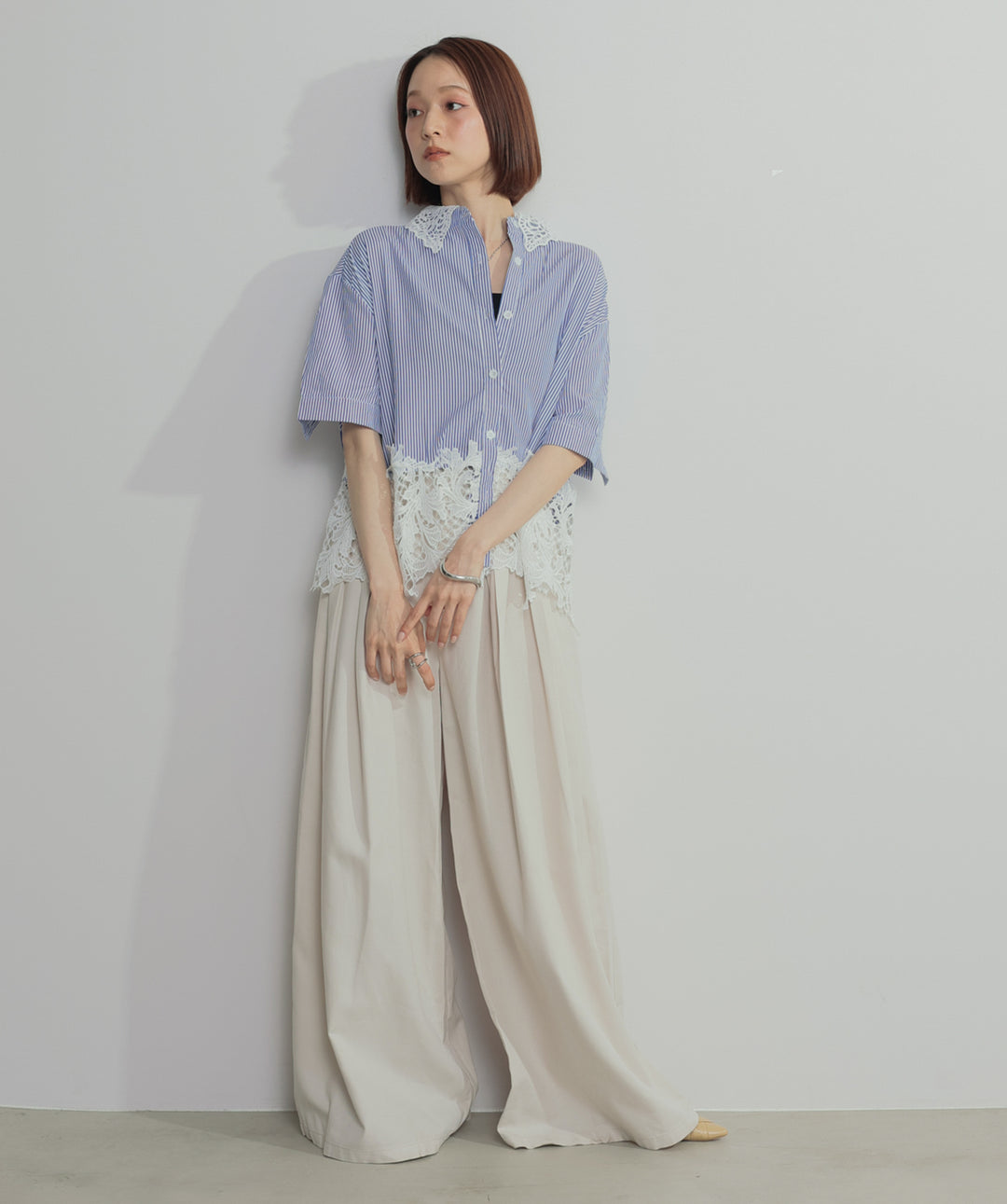 【SET】レースドッキングストライプシャツ+タックワイドパンツ(2set)