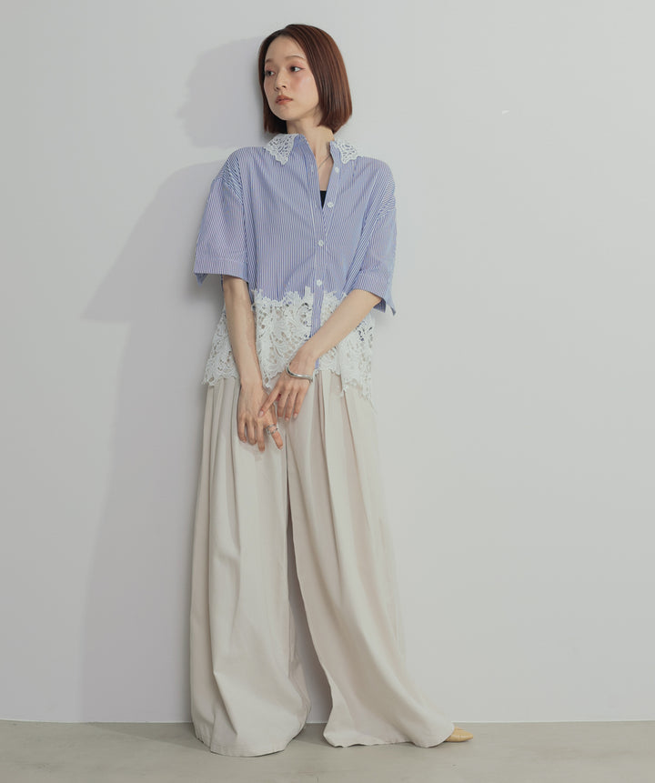 【SET】レースドッキングストライプシャツ+タックワイドパンツ(2set)
