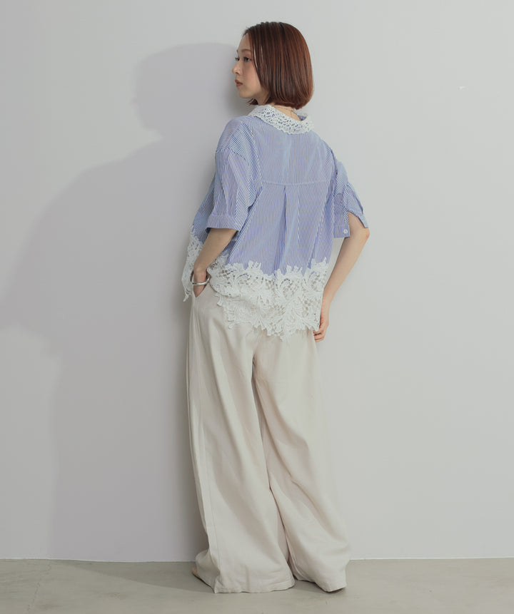 【SET】レースドッキングストライプシャツ+タックワイドパンツ(2set)