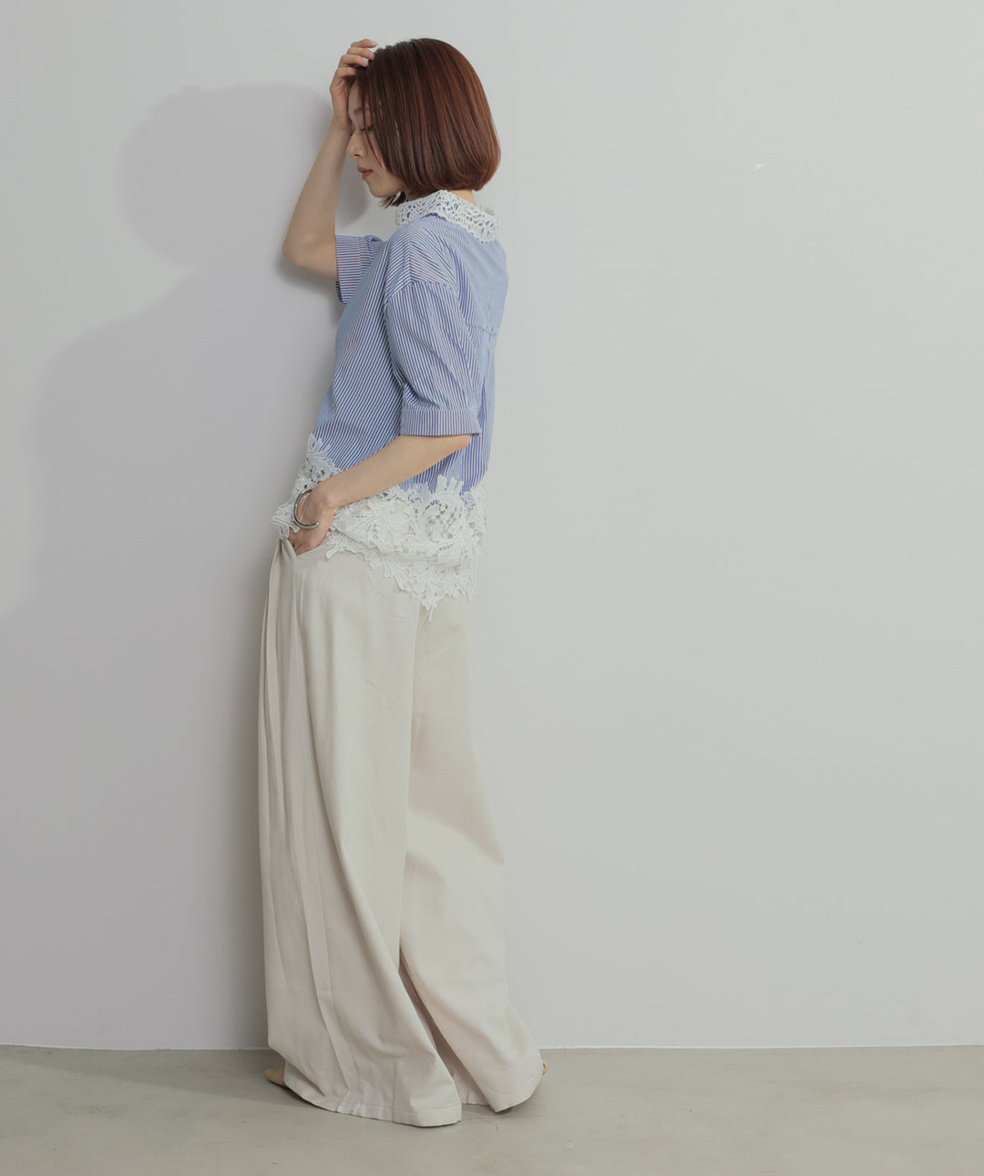 【SET】レースドッキングストライプシャツ+タックワイドパンツ(2set)