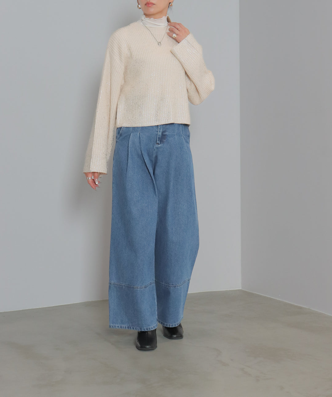 タックデニムワイドパンツ